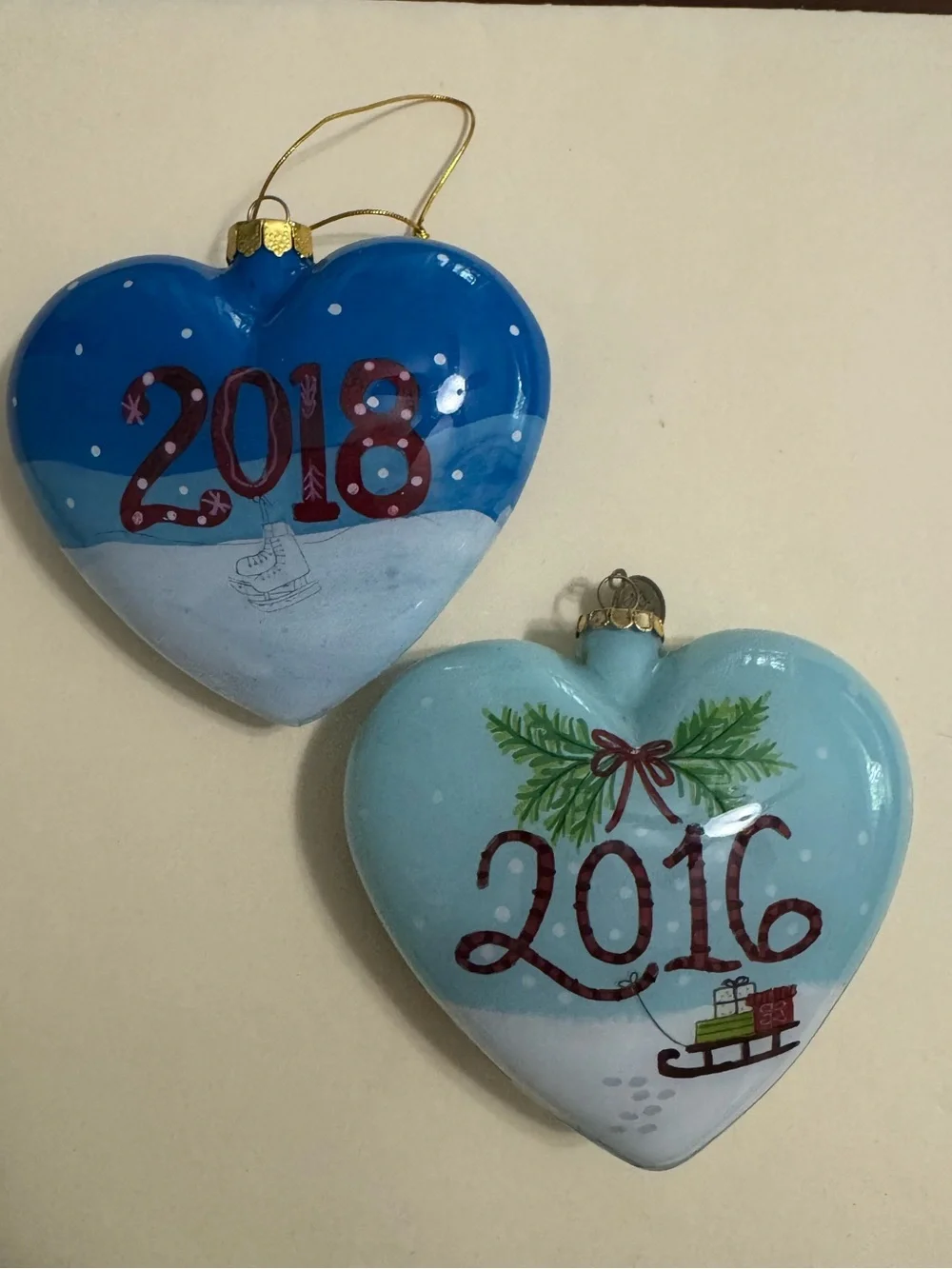Lot of 2 Pier 1 Li Bien Heart-Shaped Christmas Ornaments 2016, 2018